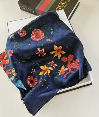 GUCCİ VUAL İPEK ŞAL ÇİÇEK DESENLİ G BASKILI LACİVERT