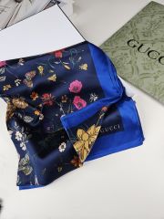 GUCCİ VUAL İPEK ŞAL PAPATYA DESENLİ LACİVERT SAKS MAVİ