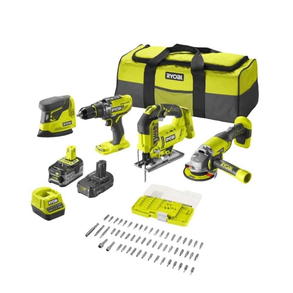 RYOBİ R18CK4F-252S ONE+ 4'Lü Kombo Kit (R18PD3+RJS18+R18AG+RPS18 + 1X5.0AH+1X2.0AH + Şarj Cihazı) (5133004771)