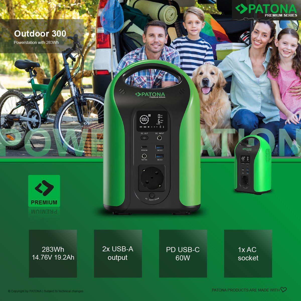 Patona 9990 Premium Powerstation Outdoor 300 / 300W 283Wh PD60W USB5V/3A DC12V/5A DC5525 (Premium GaN PD65W Adapter hediye )