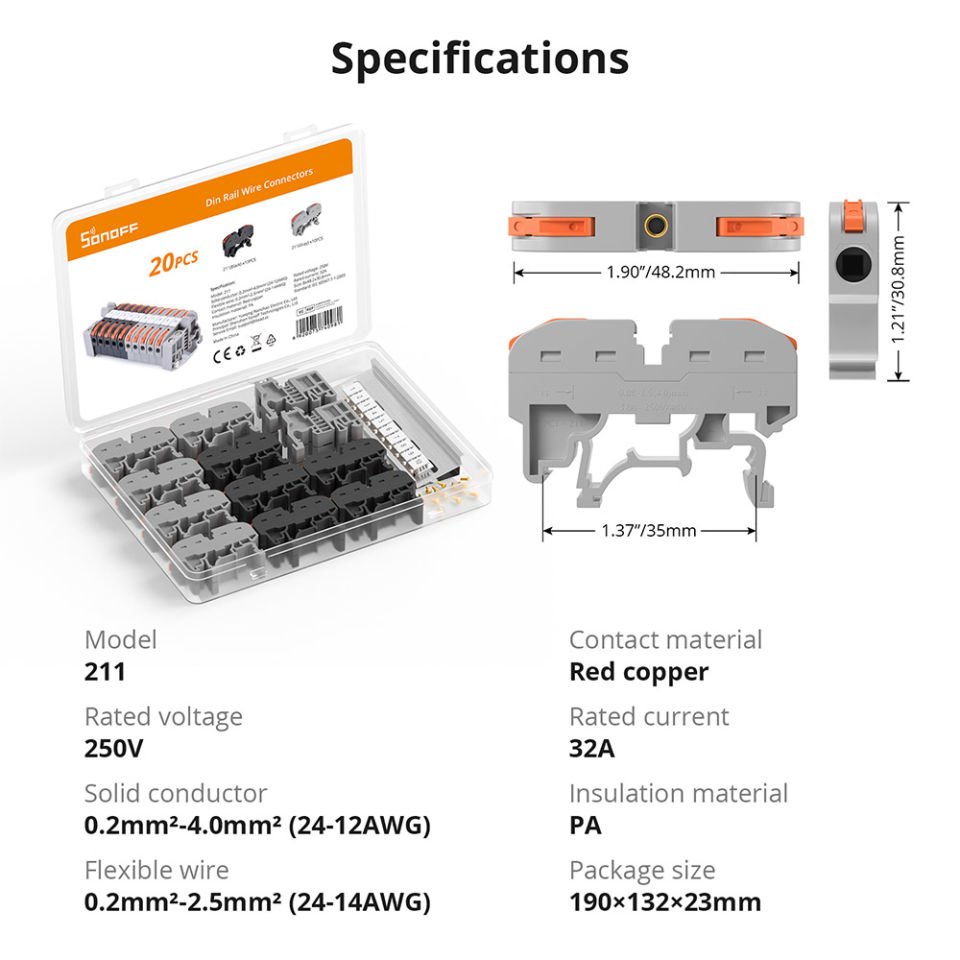 Sonoff DR DIN Rail 211(DIN Rail Wire Connectors) 20 Pieces