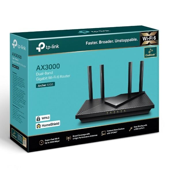 TP-Link ARCHER-AX55 Wi-Fi 6 Router (AX3000, 1× Gigabit WAN, 4× Gigabit LAN, USB 3.0)