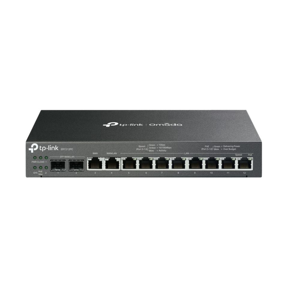 TP-Link ER7212PC Gateway Router (2 Gigabit SFP WAN/LAN, 1 Gigabit WAN, 1 Gigabit LAN/WAN, 8 Gigabit LAN, 8x PoE+, 110 W PoE bütçesi, Omada SDN)