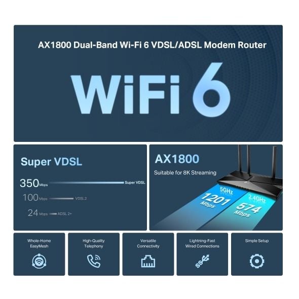 TP-Link ARCHER-VX1800V AX1800 Wi-Fi 6 VDSL/ADSL Router (Maks. 1.8 Gbps, 1× Gigabit WAN/LAN, 3× Gigabit LAN, USB 2.0)