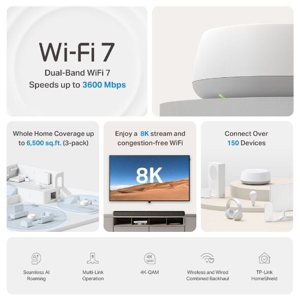 TP-Link DECO-BE22 BE3600 Wi-Fi 7 Access Point (Mesh, MLO, 2882 Mbps 5 GHz, 2× Gigabit)