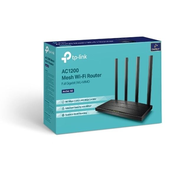 TP-Link ARCHER-A6 AC1200 Wi-Fi Router (867 Mbps 5 GHz + 400 Mbps 2.4 GHz, 1× Gigabit WAN, 4× Gigabit LAN, MU-MIMO, OneMesh)