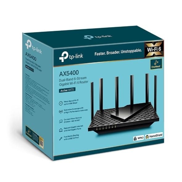 TP-Link ARCHER-AX72 AX5400 Çift Bant Wi‑Fi 6 Router (5400 Mbps, 1× Gigabit WAN, 4× Gigabit LAN, USB 3.0)