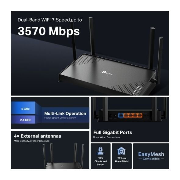 TP-Link ARCHER-BE220 Wi-Fi 7 Router (3.6 Gbps Çift Bant, 1× 1 Gbps WAN + 4× 1 Gbps LAN, EasyMesh, VPN İstemcisi)