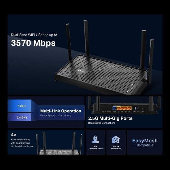 TP-Link ARCHER-BE230 Wi-Fi 7 Router (3.6 Gbps, 2× 2.5 Gbps Port, 3× 1 Gbps LAN, EasyMesh, VPN İstemcisi)