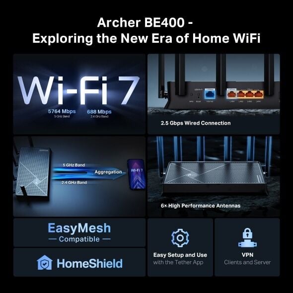 TP-Link Archer BE400 Wi-Fi 7 Router (6.5 Gbps, 2×2.5 Gbps Port, EasyMesh, VPN İstemci Desteği)