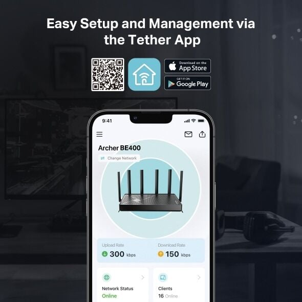 TP-Link Archer BE400 Wi-Fi 7 Router (6.5 Gbps, 2×2.5 Gbps Port, EasyMesh, VPN İstemci Desteği)