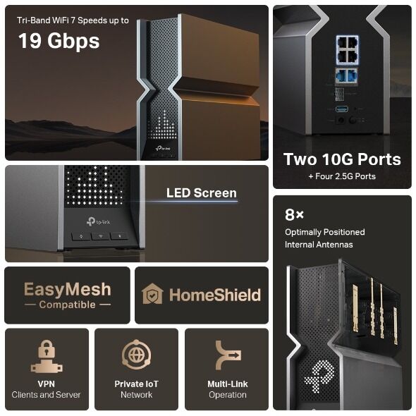 TP-Link Archer BE800 Wi‑Fi 7 Router (Maks. 19 Gbps, 2×10 Gbps + 4×2.5 Gbps, EasyMesh, VPN destekli)