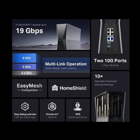 TP-Link ARCHER-BE805 Wi-Fi 7 Router (Maks. 19 Gbps, 2×10 Gbps + 4×1 Gbps, EasyMesh, VPN Client)