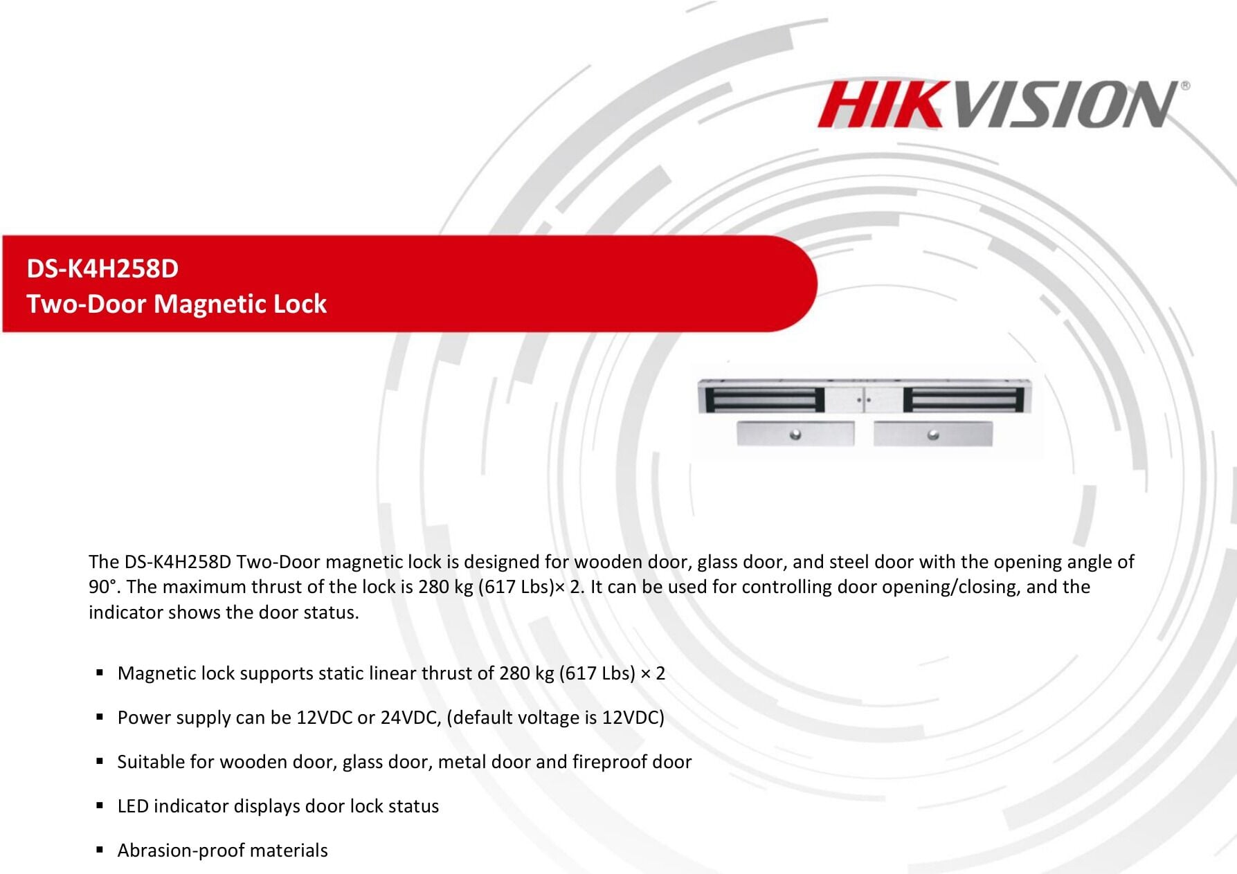 Hikvision DS-K4H258D Manyetik Kilit (Manyetik Kilit, 12 VDC/24 VDC, Ahşap/Cam/Metal/Yangına Dayanıklı Kapılar)