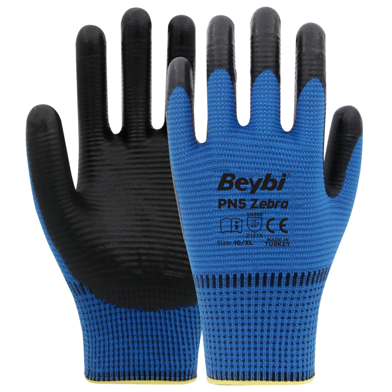 BEYBİ ZEBRA PN5 (MAVİ-SİYAH) N:10 PAMUK ASTARLI LİKRALI ÖRME NİTRİL ELDİVEN  12li