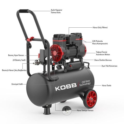 KOBB KBK25S 1.7HP 25Lt 8Bar Yağsız Sessiz Taşınabilir Hava Kompresörü