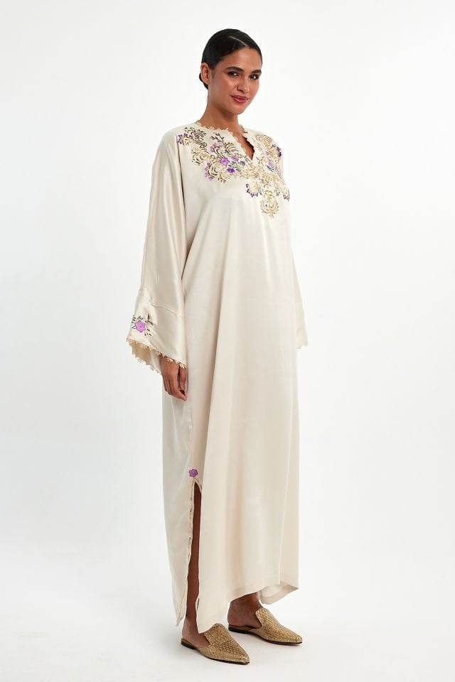 Cream Silk Fabric Wire and Silk Embroidery Dress