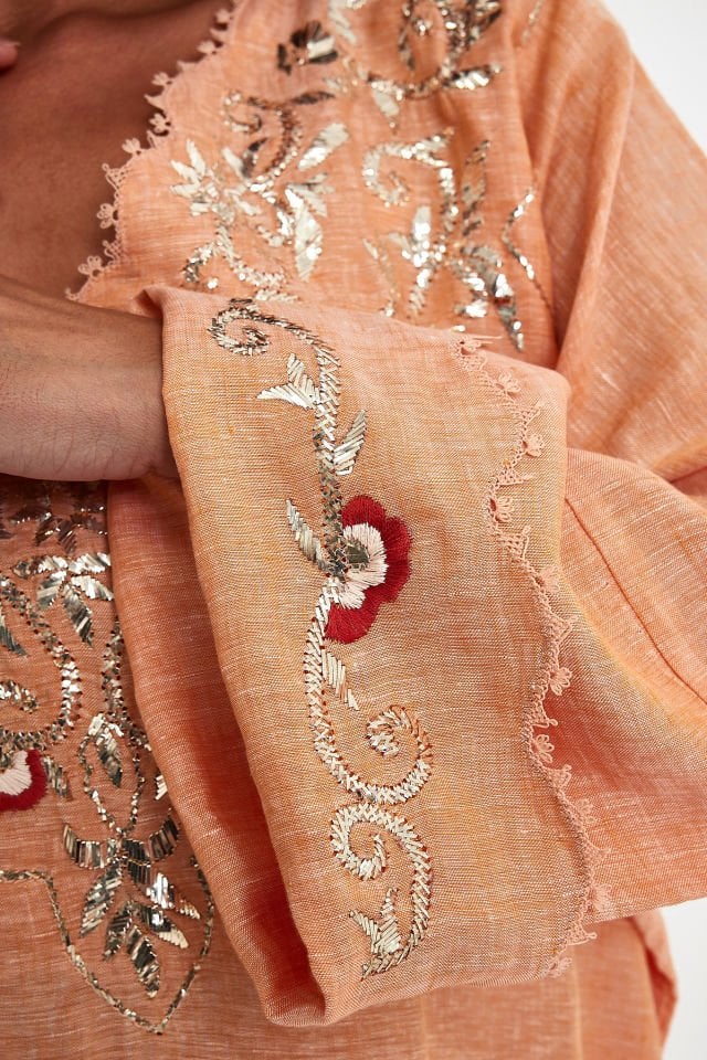 Orange Silk Thread Embroidered Linen Dress