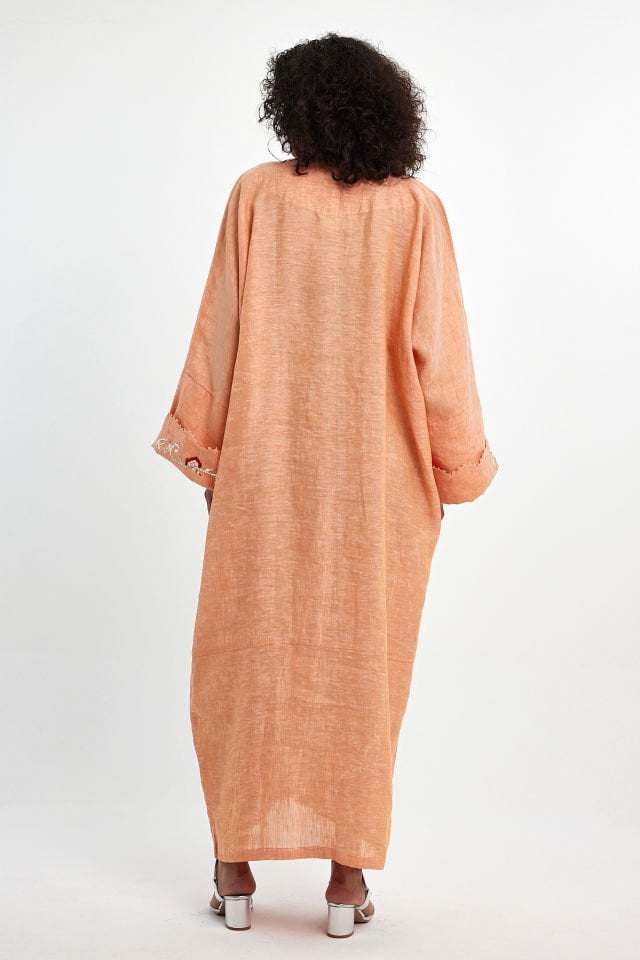 Orange Silk Thread Embroidered Linen Dress