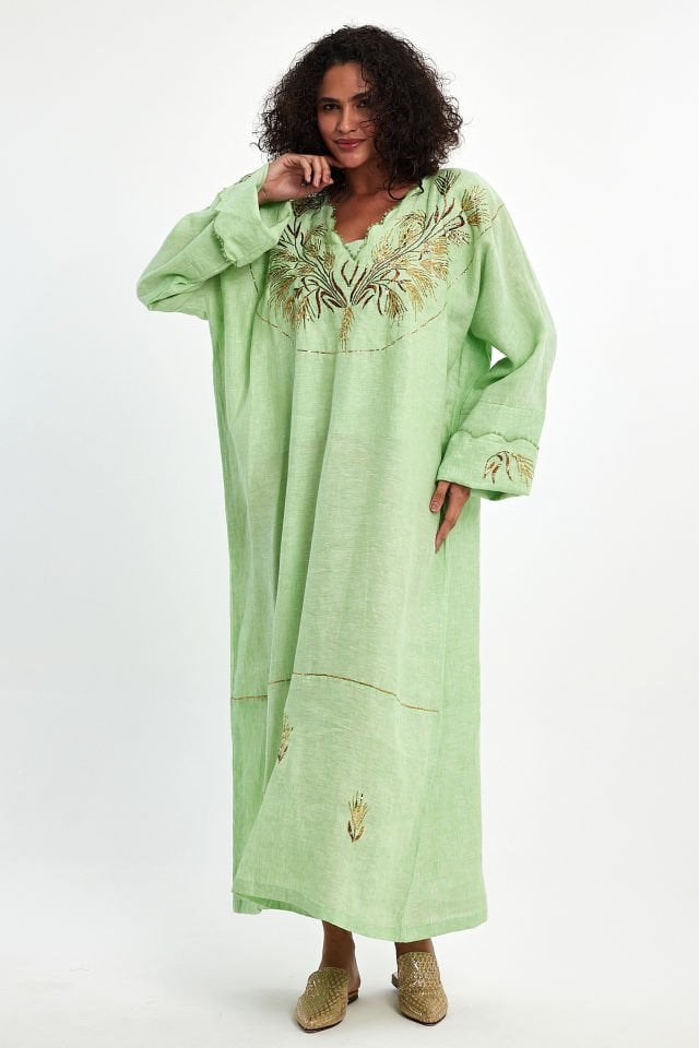 Green Silk Wire Embroidered Linen Special Design Dress