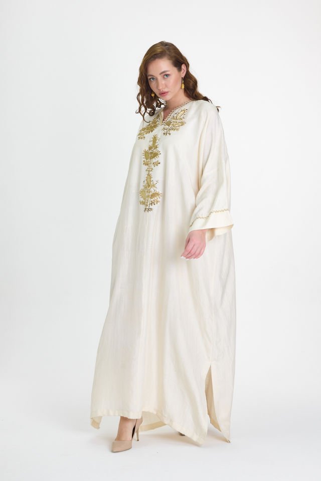 Antique Gold Embroidered Silk Fabric Special Design Dress