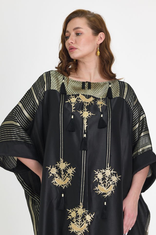 Antique Gold Embroidered Silk Fabric Special Design Dress