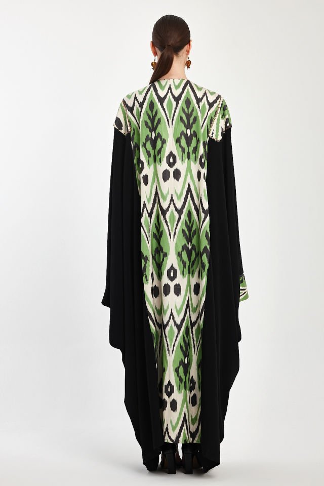 Hand - Woven Ikat Silk Fabric With Antique Gold Pieces Abaya