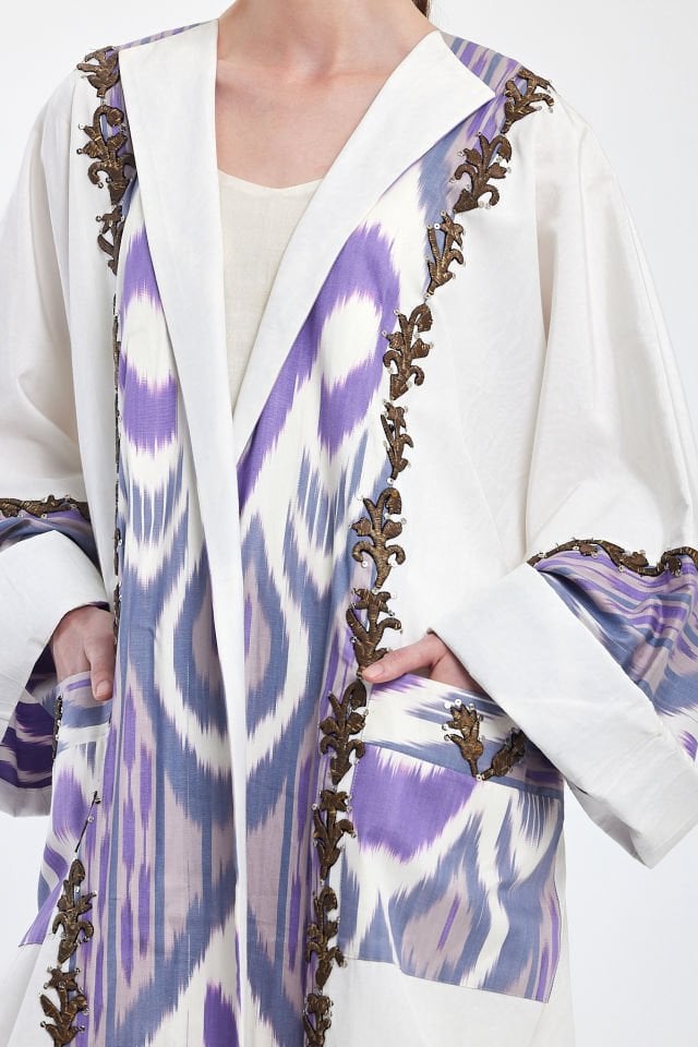 Abaya with Cotton Antique Pieces on Ikat Cotton Fabric