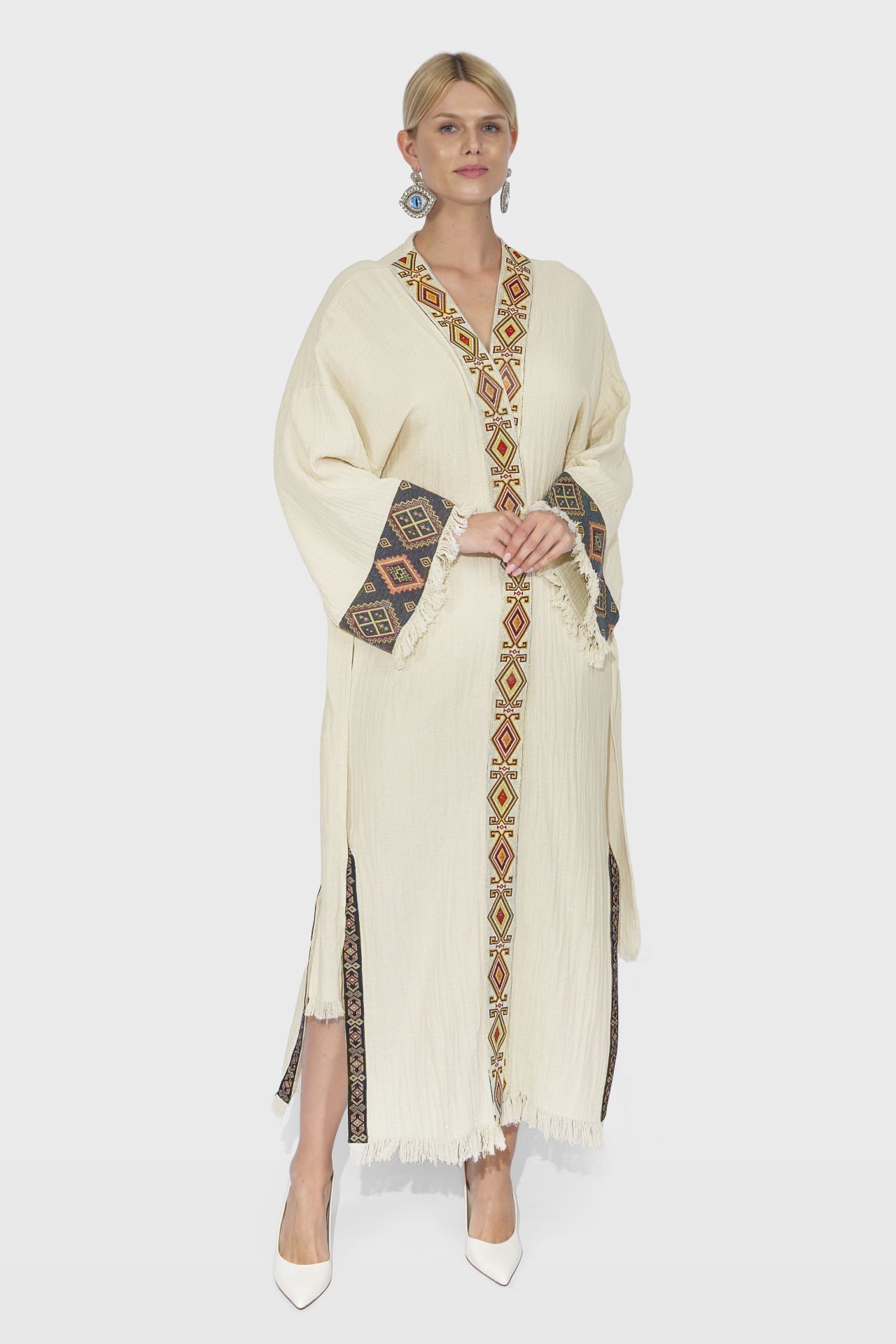 Cream Color Cotton Kimono with Anatolian Motif Detail