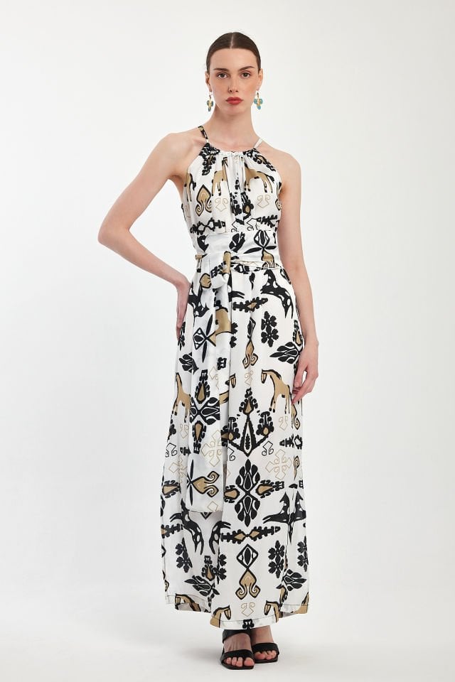 Patterned Halter Neck Special Design Maxi Dress