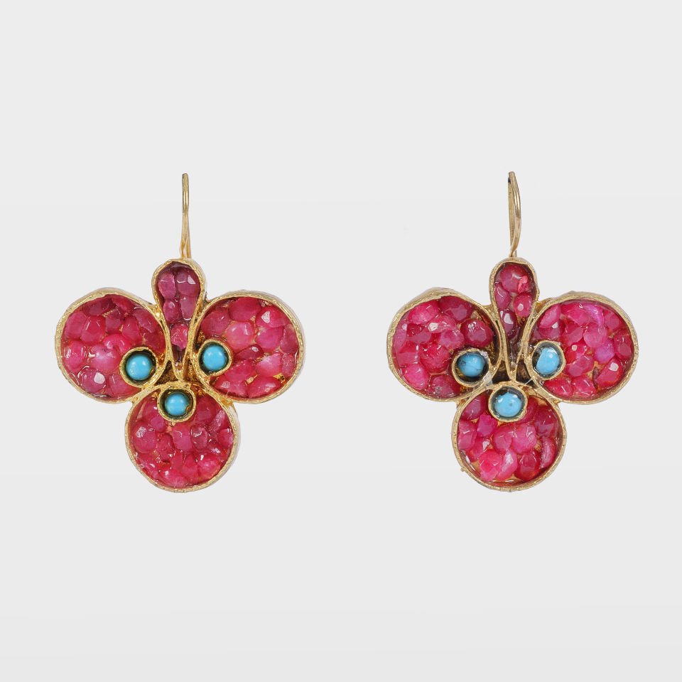 Gold Plated Earrings with Red and Turquoise Details
