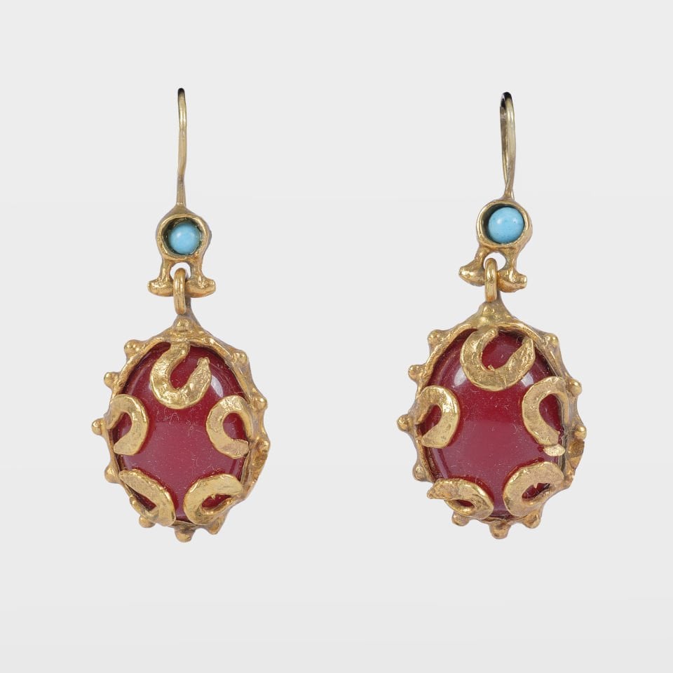 Gold Plated Handmade Red and Turquoise Detailed Oval Earrings
