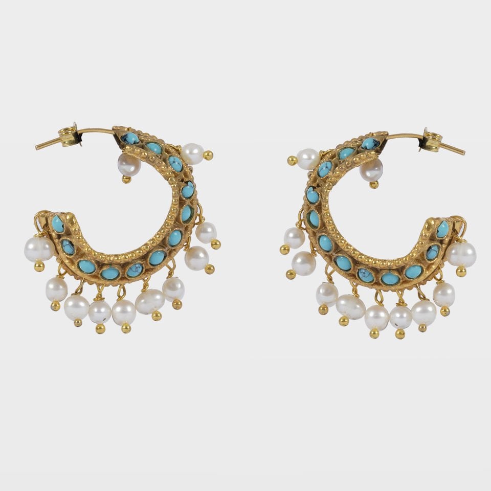 Gold Plated Pearl Turquoise Bead Earrings