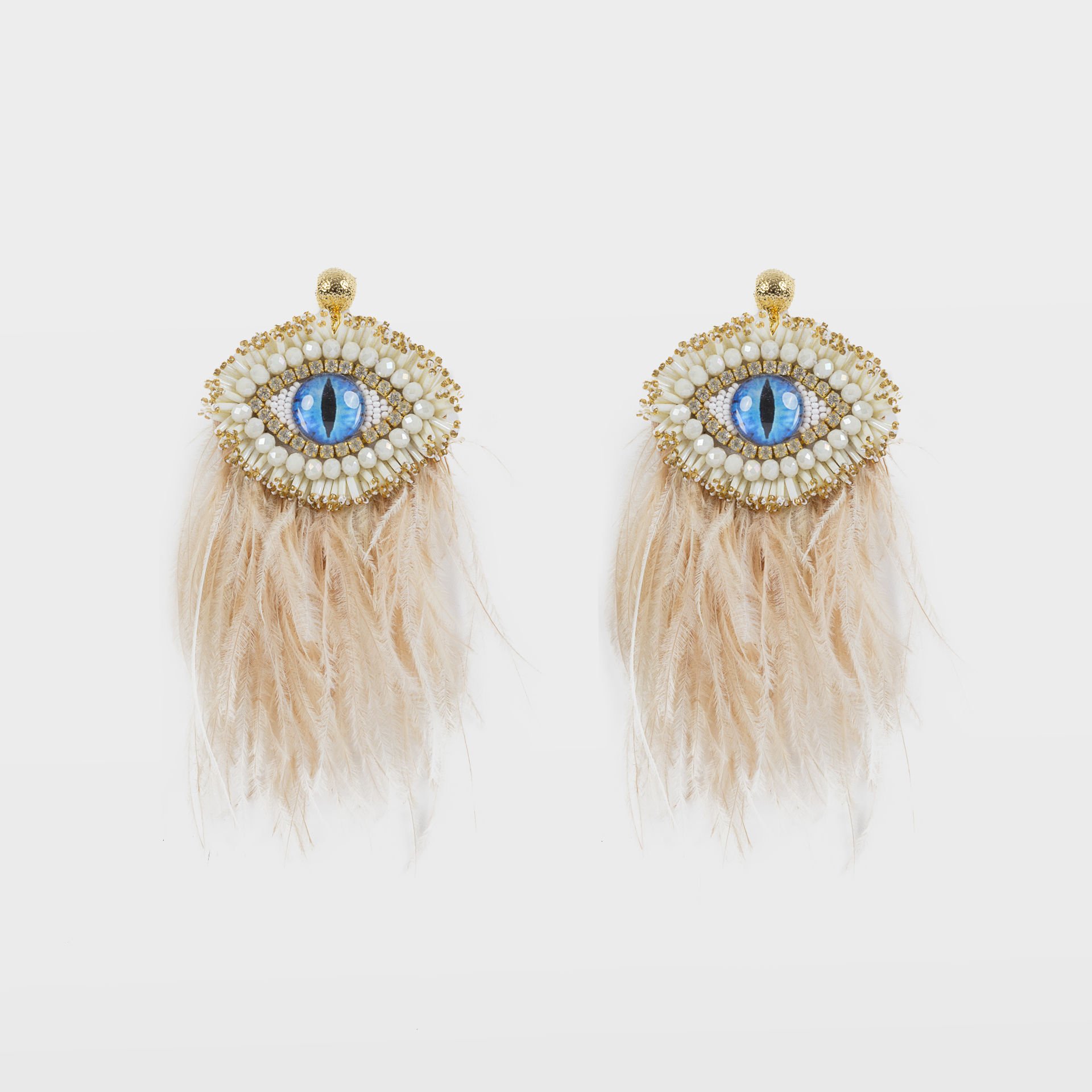 Feathered Blue Eye White Earrings