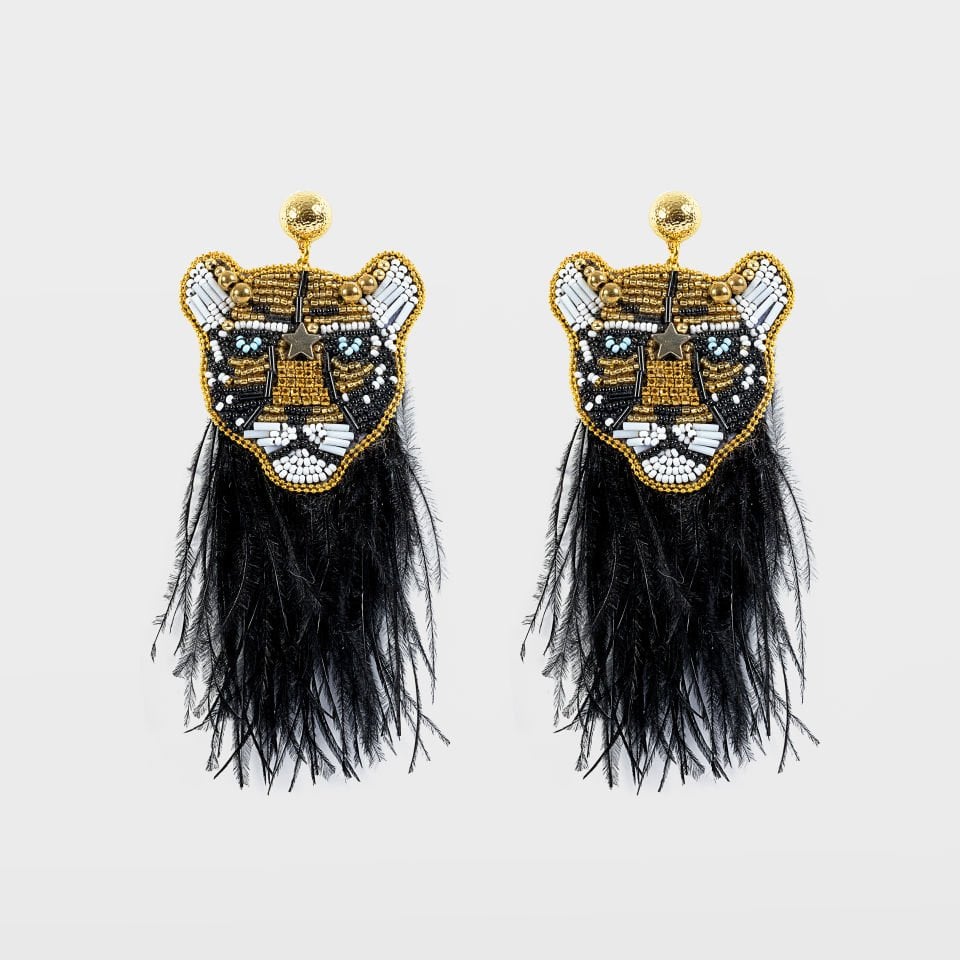 Tiger Figure Black Tassel Earrings