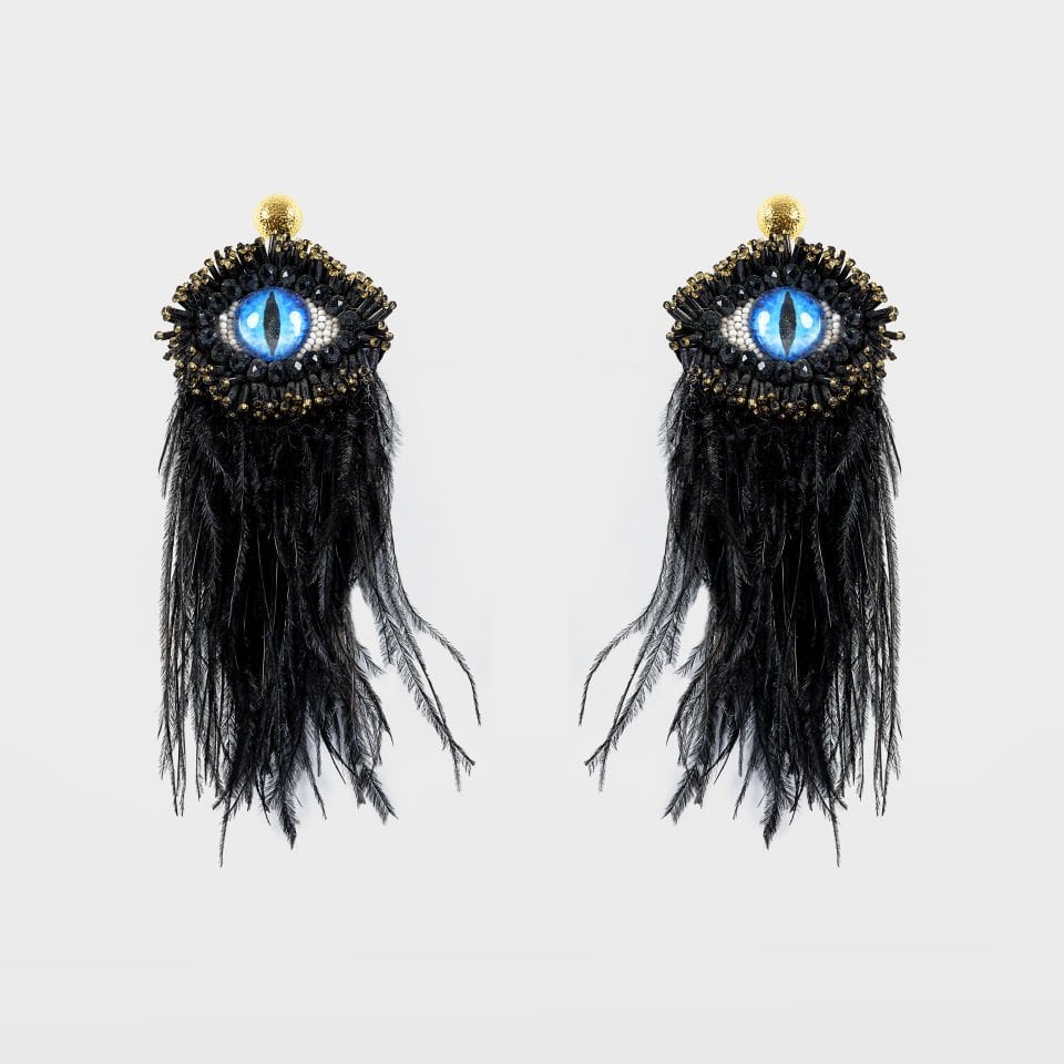 Feathered Blue Eye Black Earrings