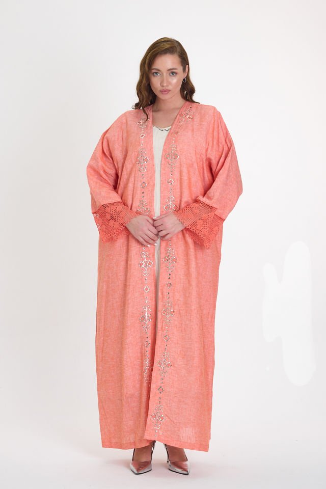 Crochet And Sarma With Silver Thread  Handmade Orange Color Abaya