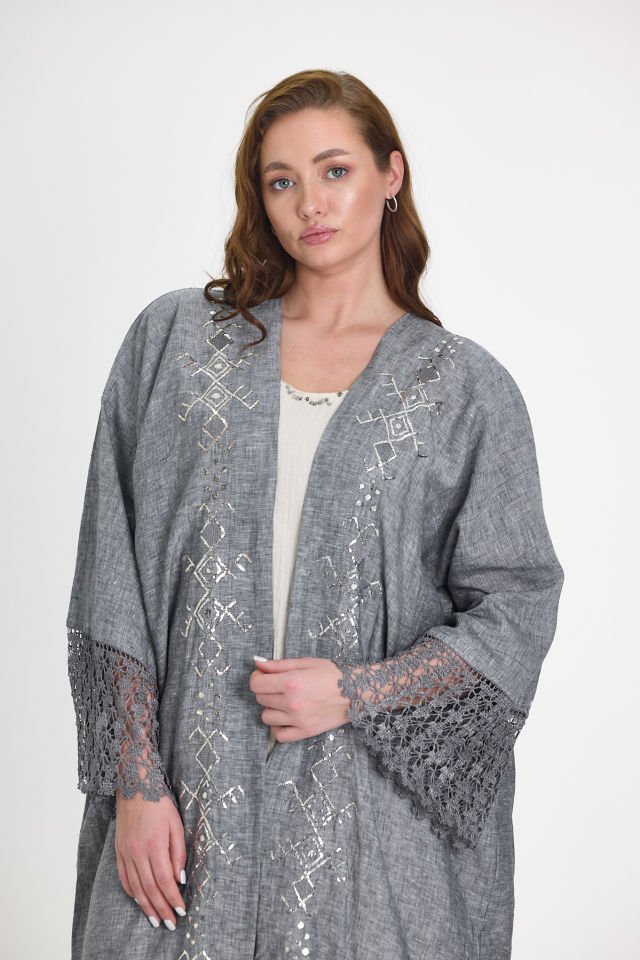 Grey Crochet and Sarma with Silver Thread Abaya