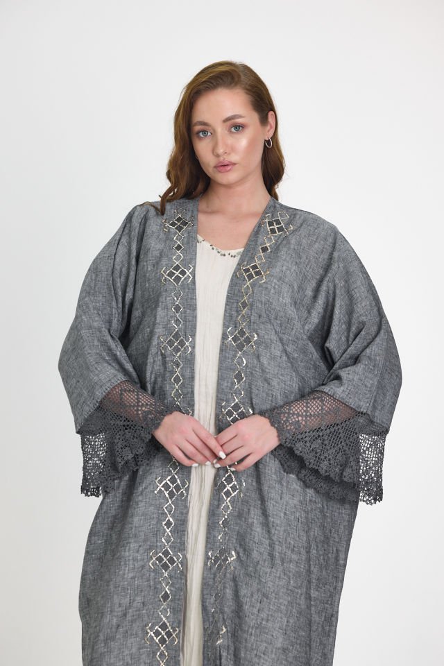 Dark Grey Crochet and Sarma with Silver Thread Abaya