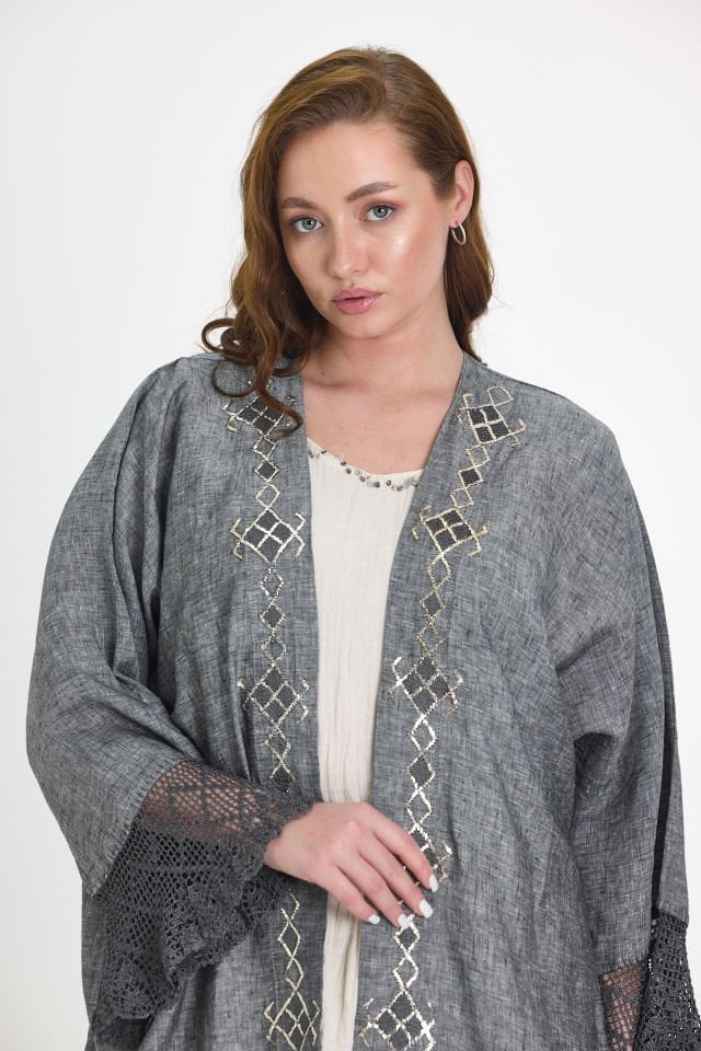 Dark Grey Crochet and Sarma with Silver Thread Abaya