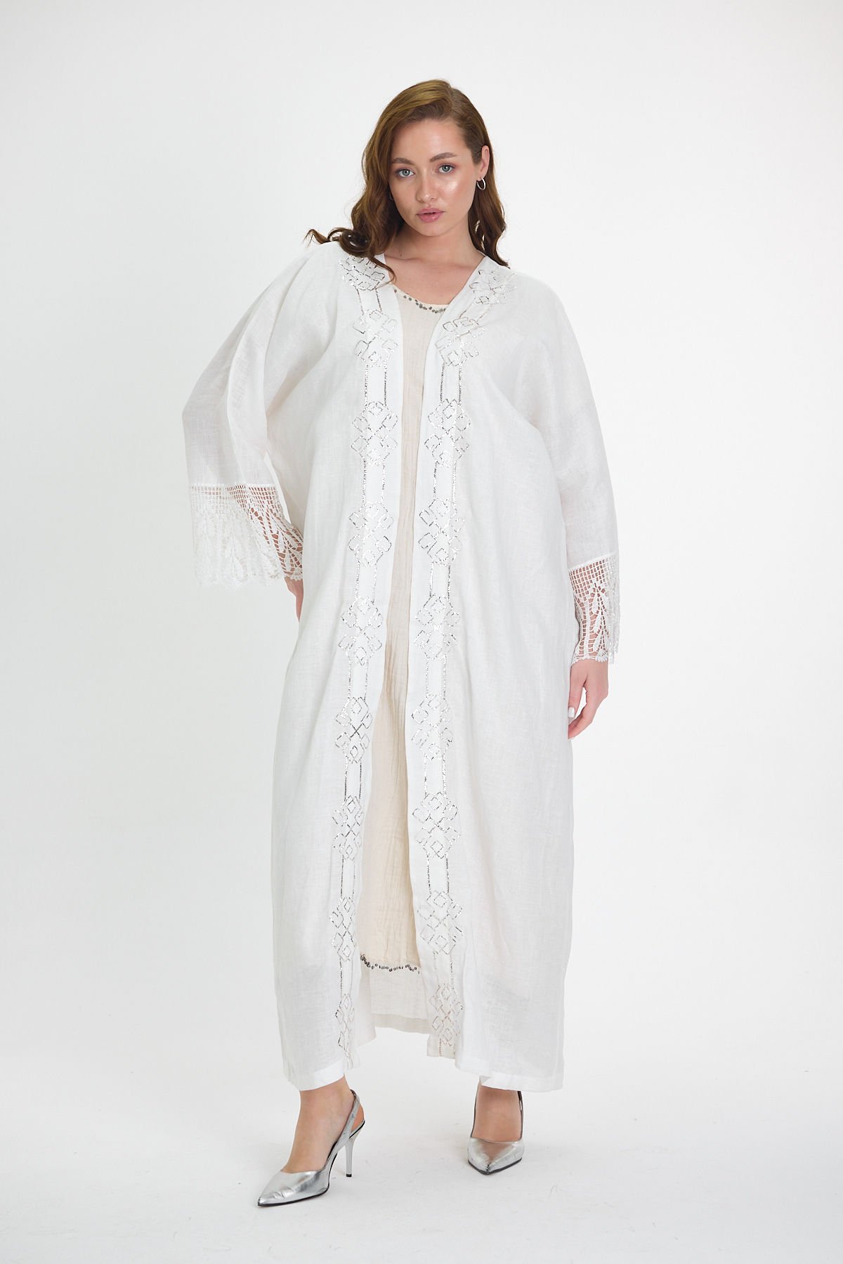 White Crochet and Sarma with Silver Thread Abaya