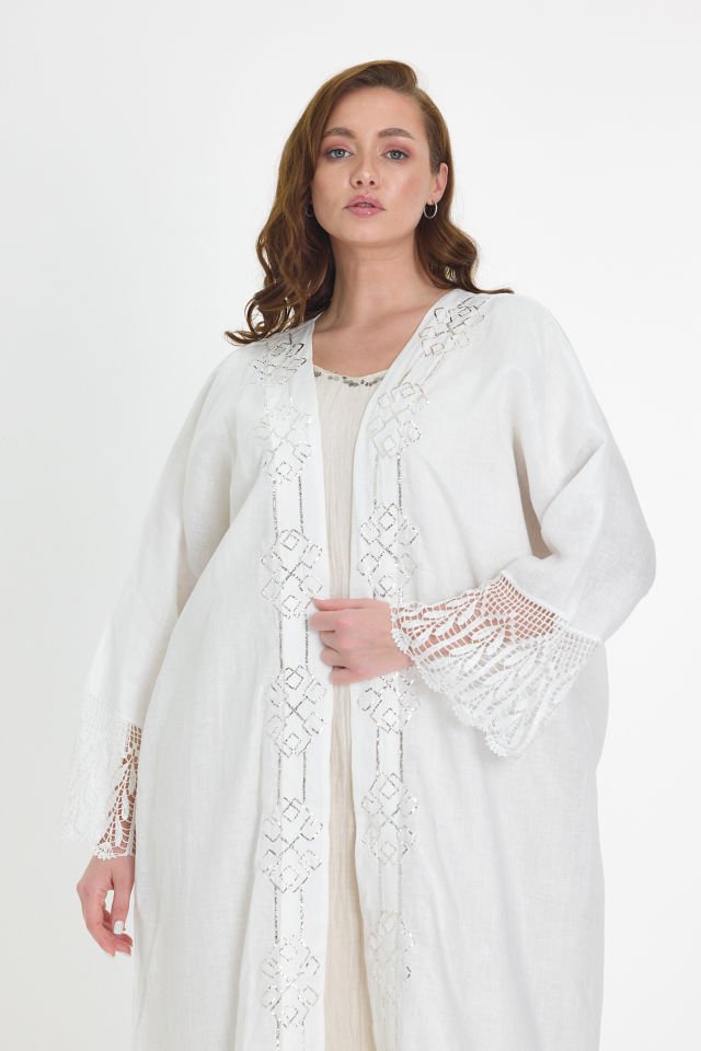 White Crochet and Sarma with Silver Thread Abaya