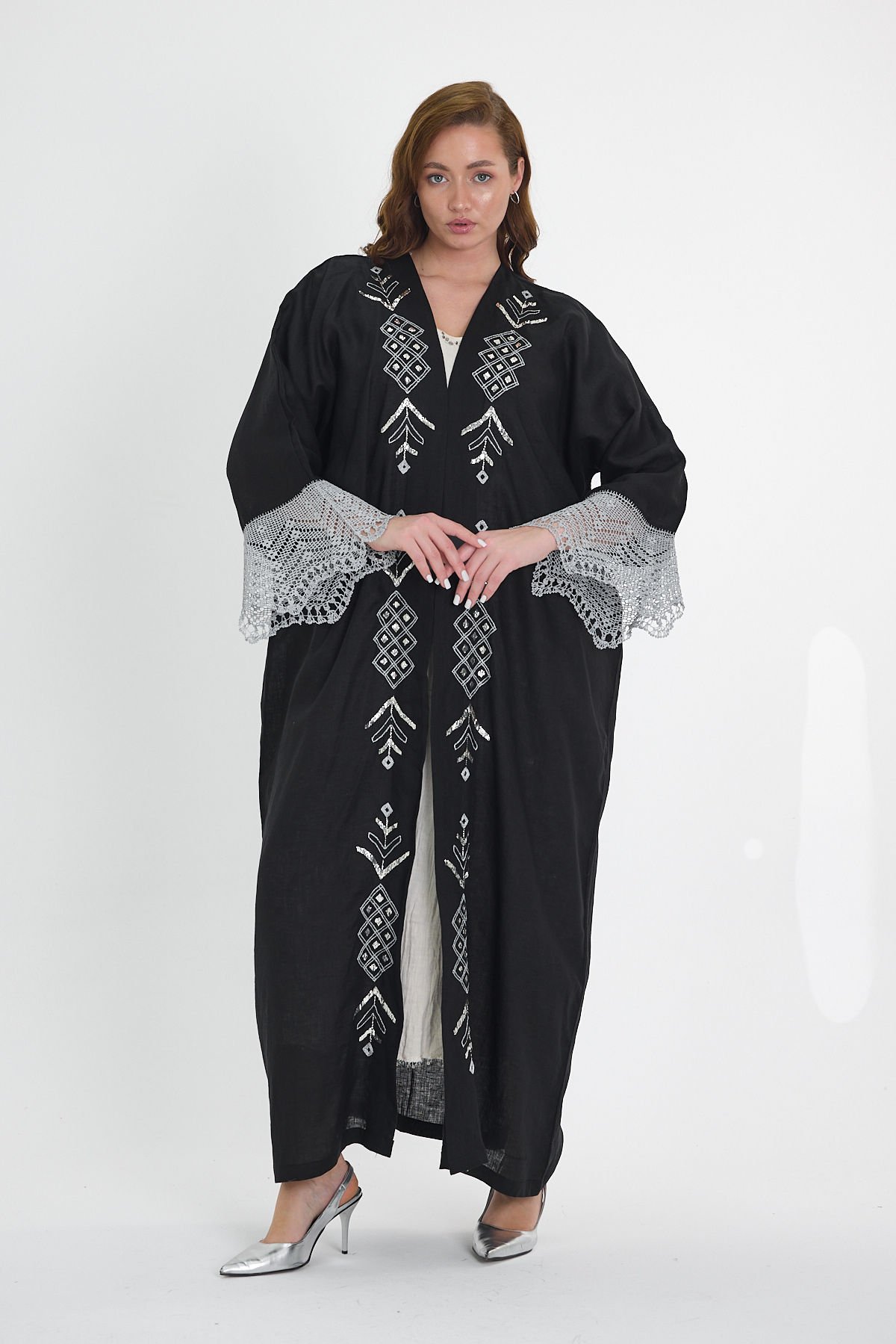 Crochet and Sarma with Silver Thread Black Abaya