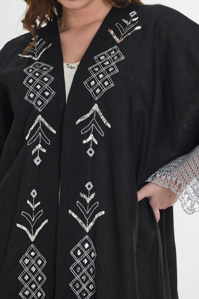 Crochet and Sarma with Silver Thread Black Abaya
