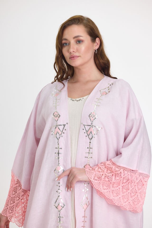 Pink Crochet and Sarma with Silver Thread Abaya