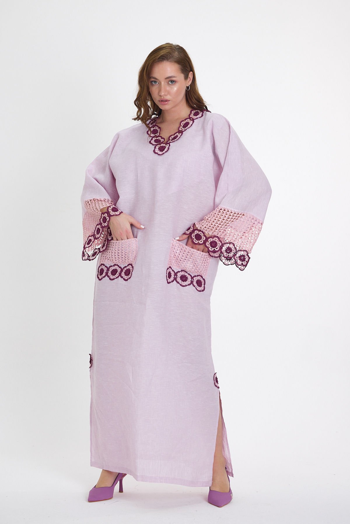 Lilac Silk Thread Crochet Linen Dress