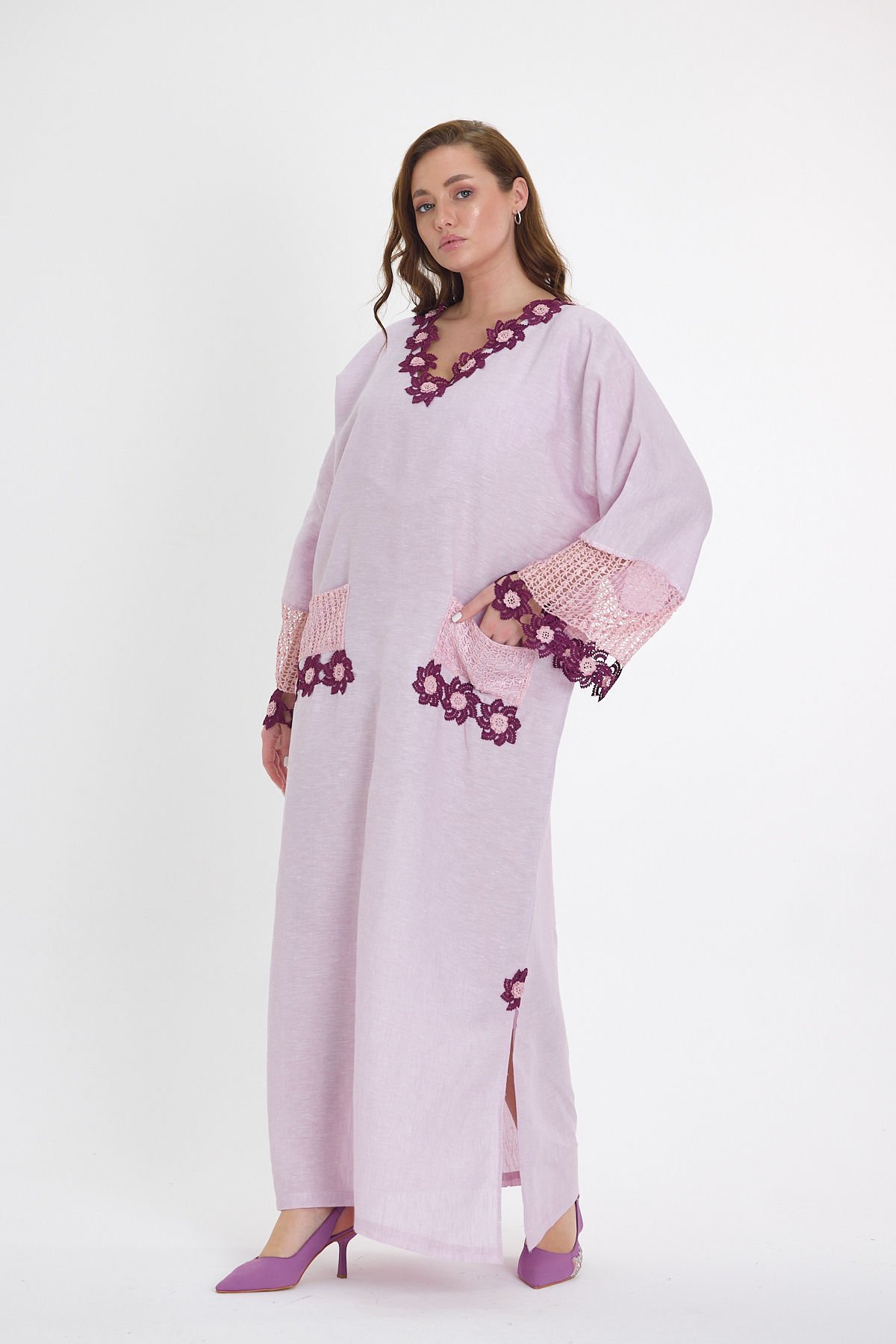 Lilac Silk Thread Crochet Handmade Linen Dress