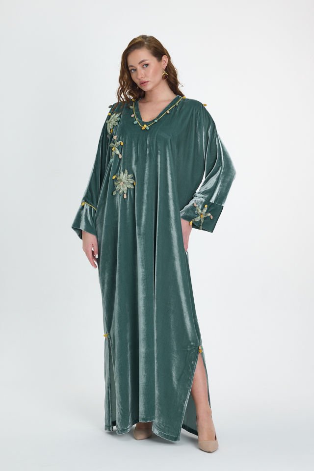 Green Silk Thread Needle Lace Silk Velvet Dress