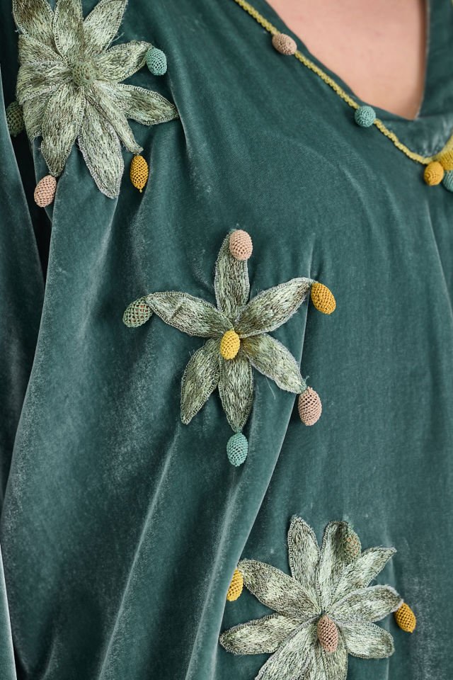 Green Silk Thread Needle Lace Silk Velvet Dress