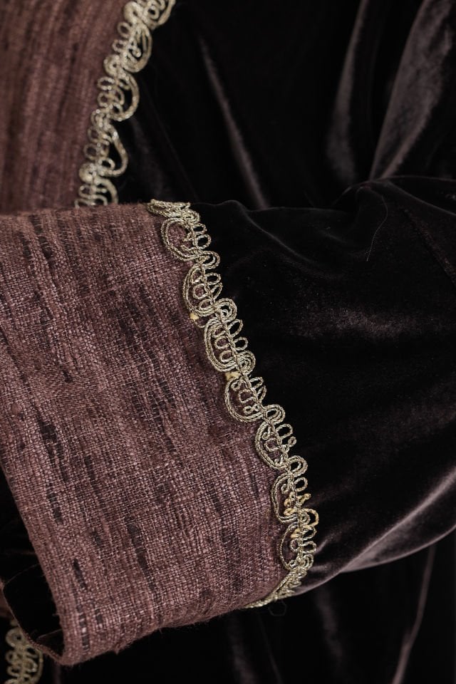 Silk - Velvet and Ottoman Gold Embroidery Brown Color Abaya